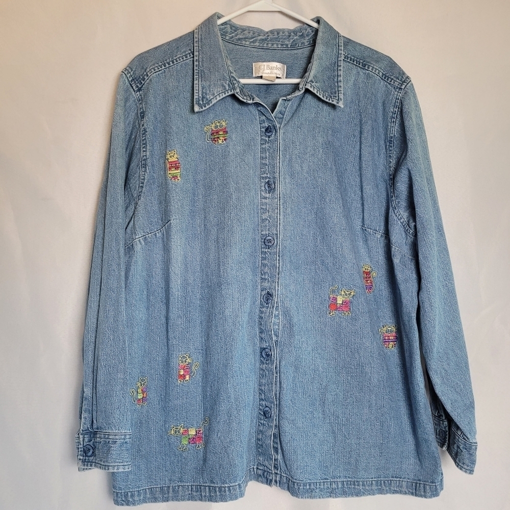 C.J. Banks Denim Cat Embroidered Button Up Women's Shirt Size 2X